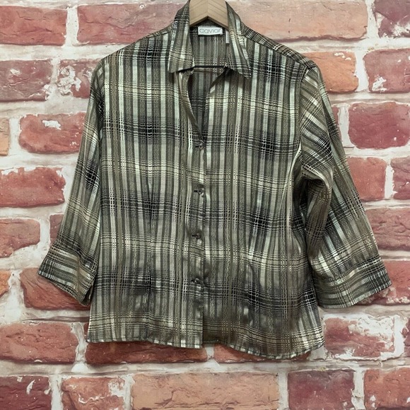 Caviar Top Women's Large Gold Metallic Plaid Abstract Button Down Blouse - Picture 1 of 8